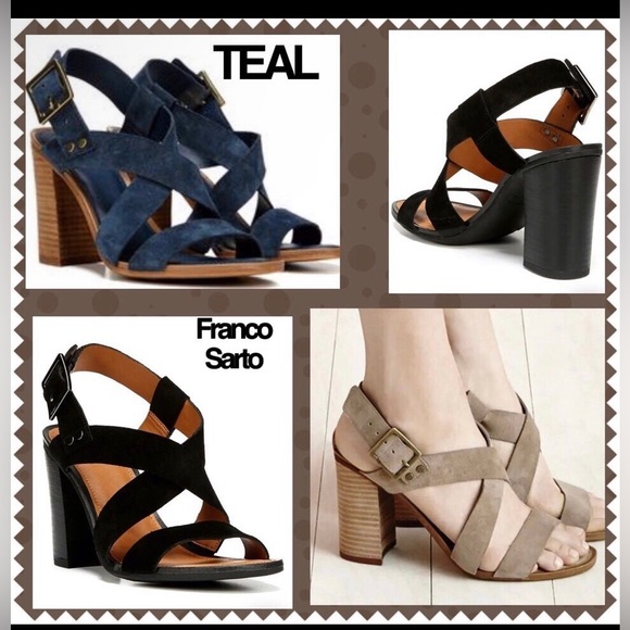 Franco Sarto Sabine lush teal blue suede crossing straps, open toe stacked heel - Picture 7 of 15